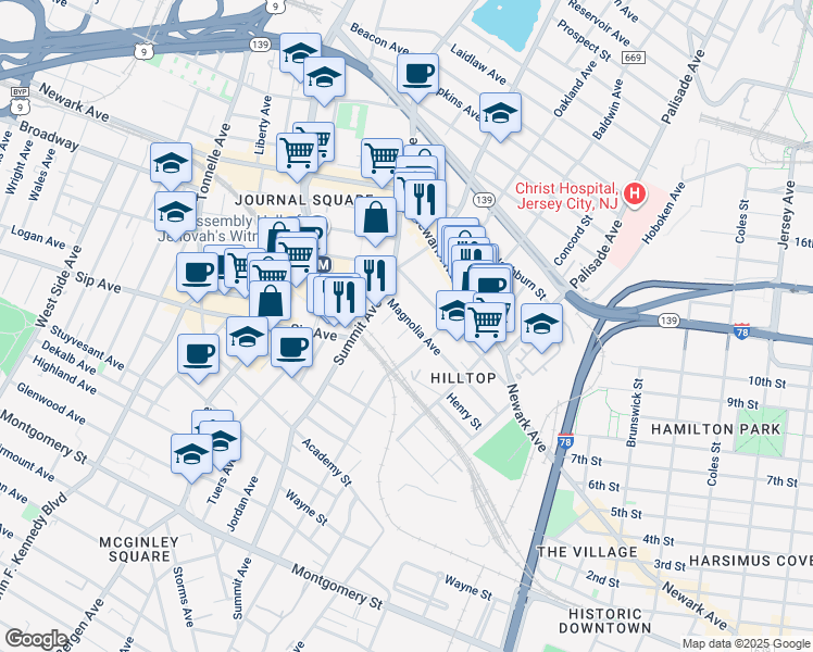 map of restaurants, bars, coffee shops, grocery stores, and more near 121 Magnolia Avenue in Jersey City