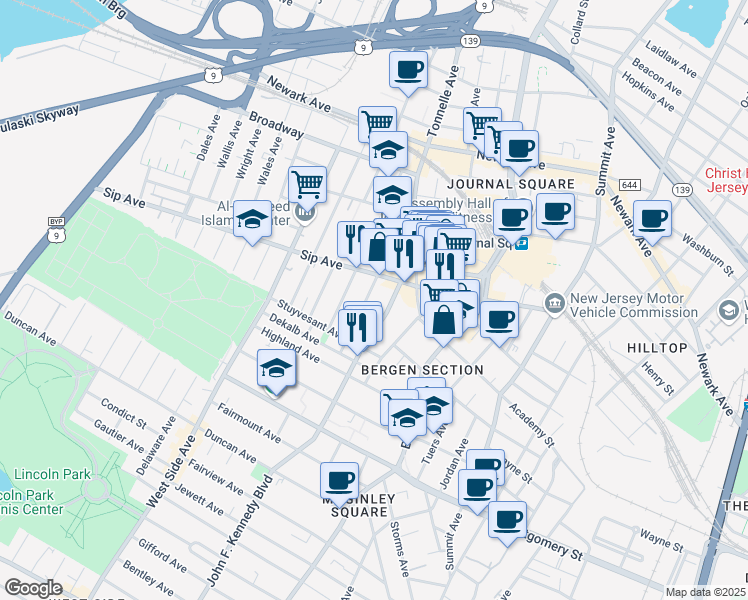 map of restaurants, bars, coffee shops, grocery stores, and more near 2779 John F. Kennedy Boulevard in North Bergen