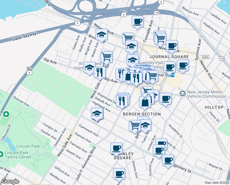 map of restaurants, bars, coffee shops, grocery stores, and more near 38 Romaine Avenue in Jersey City