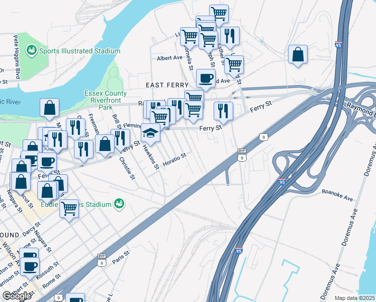 map of restaurants, bars, coffee shops, grocery stores, and more near 37 Vincent Street in Newark