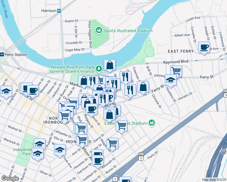 map of restaurants, bars, coffee shops, grocery stores, and more near 52 Providence Street in Newark
