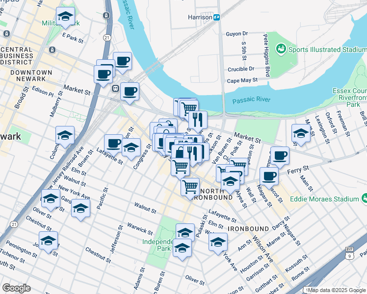 map of restaurants, bars, coffee shops, grocery stores, and more near 44 Monroe Street in Newark