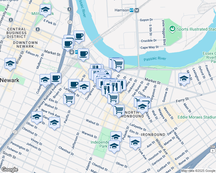 map of restaurants, bars, coffee shops, grocery stores, and more near 50 Jefferson Street in Newark