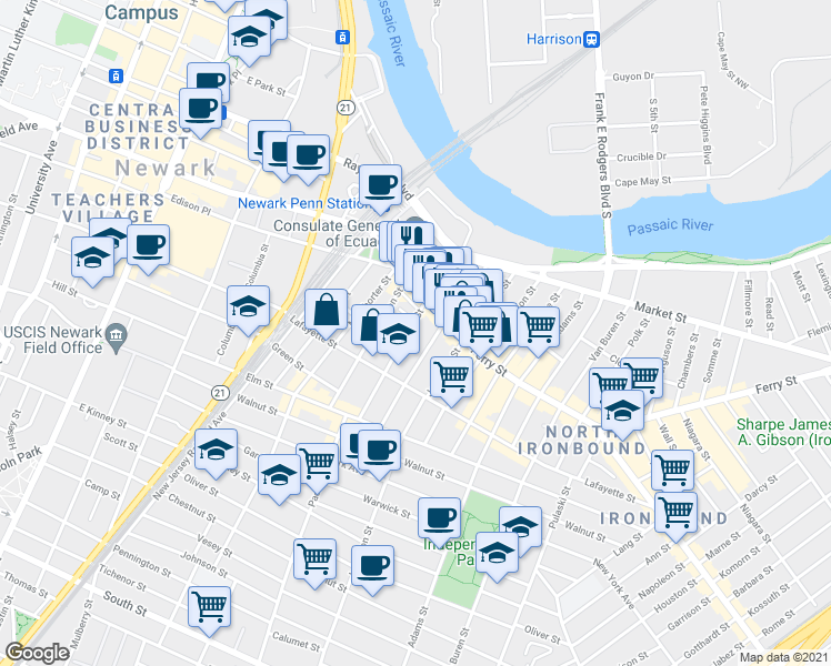 map of restaurants, bars, coffee shops, grocery stores, and more near in Newark