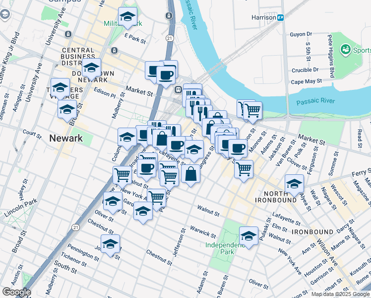 map of restaurants, bars, coffee shops, grocery stores, and more near 85 Union Street in Newark