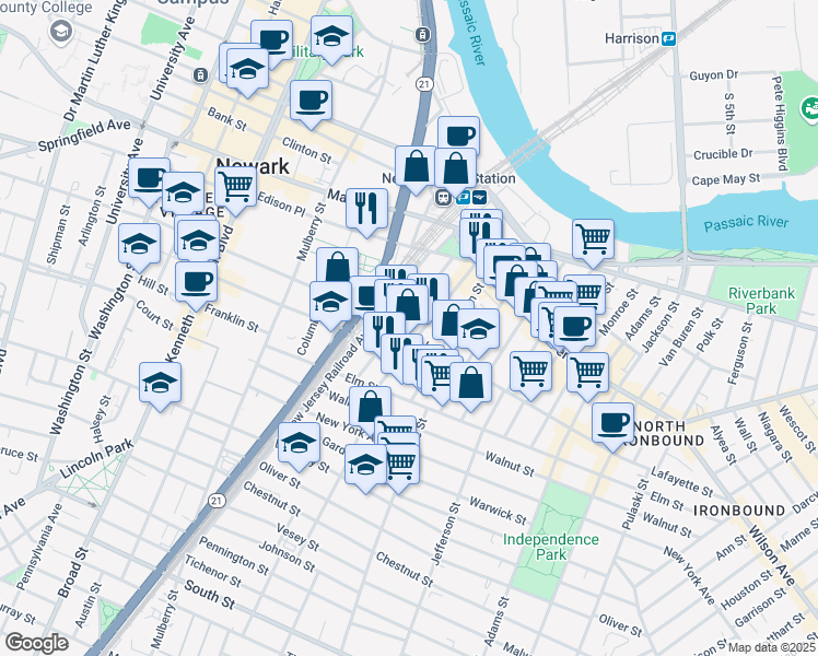 map of restaurants, bars, coffee shops, grocery stores, and more near 58 Bruen Street in Newark