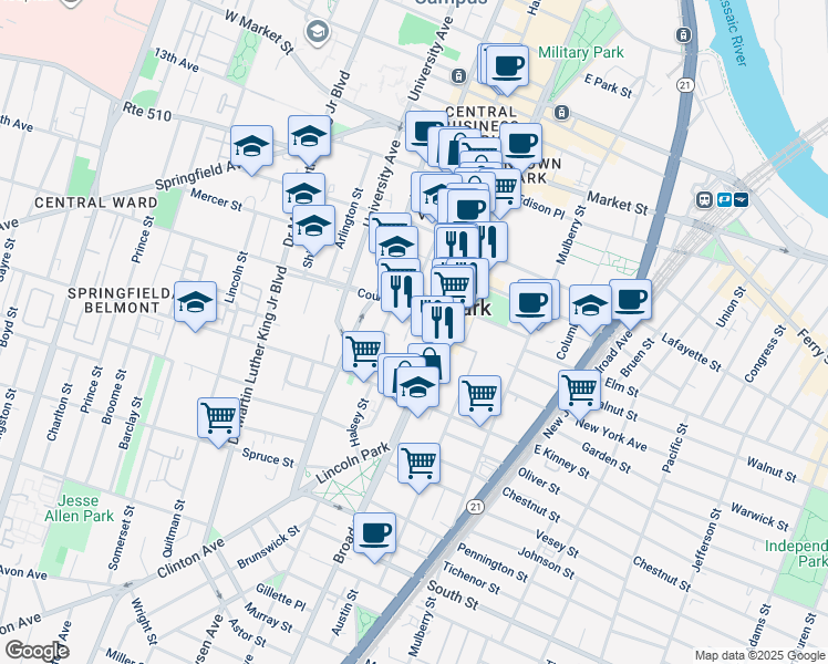 map of restaurants, bars, coffee shops, grocery stores, and more near 17 Court Street in Newark