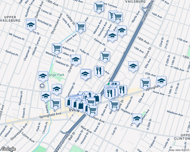 map of restaurants, bars, coffee shops, grocery stores, and more near 136 Linden Avenue in Irvington