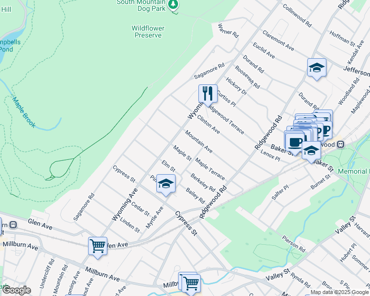 map of restaurants, bars, coffee shops, grocery stores, and more near 59 Maple Street in Millburn