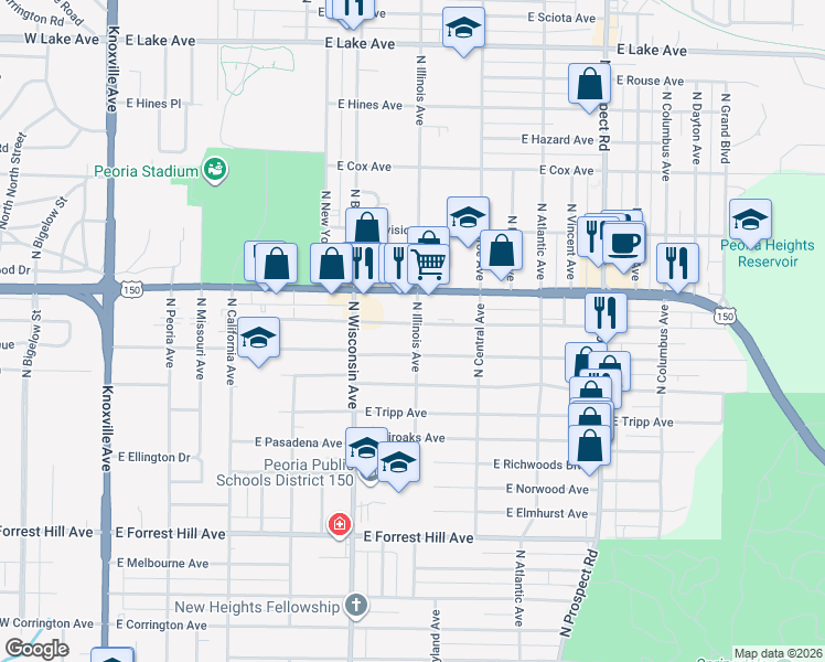 map of restaurants, bars, coffee shops, grocery stores, and more near 817 East Paris Avenue in Peoria Heights