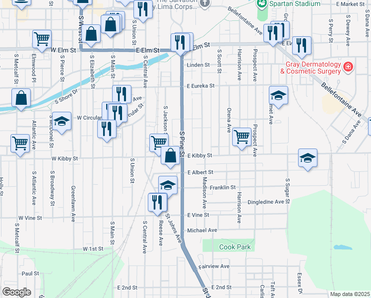 map of restaurants, bars, coffee shops, grocery stores, and more near 441 South Pine Street in Lima