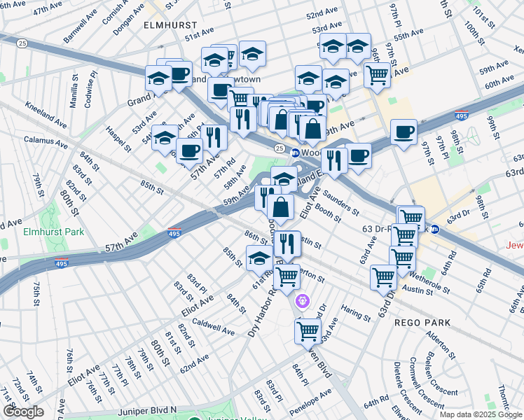 map of restaurants, bars, coffee shops, grocery stores, and more near 86-40 60th Avenue in Queens