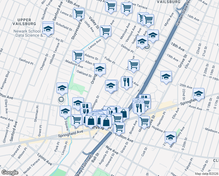 map of restaurants, bars, coffee shops, grocery stores, and more near 16 Ruth Street in Irvington