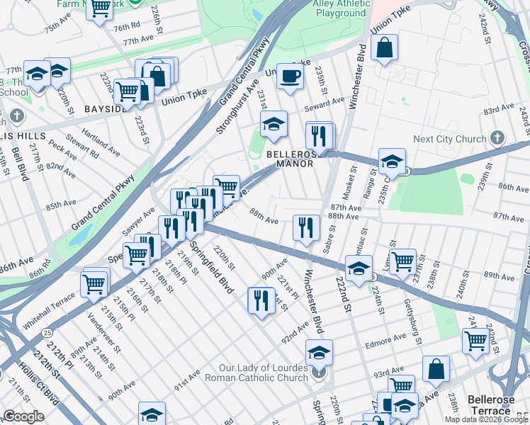 map of restaurants, bars, coffee shops, grocery stores, and more near 22707 88th Avenue in Queens