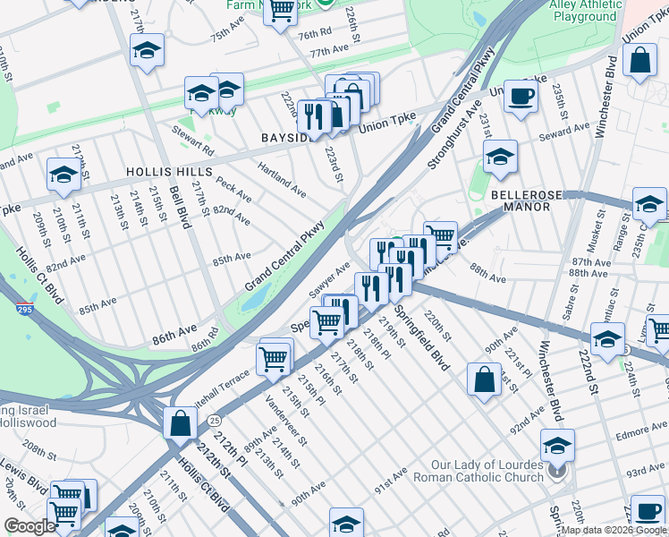 map of restaurants, bars, coffee shops, grocery stores, and more near 218-39 Sawyer Avenue in Queens