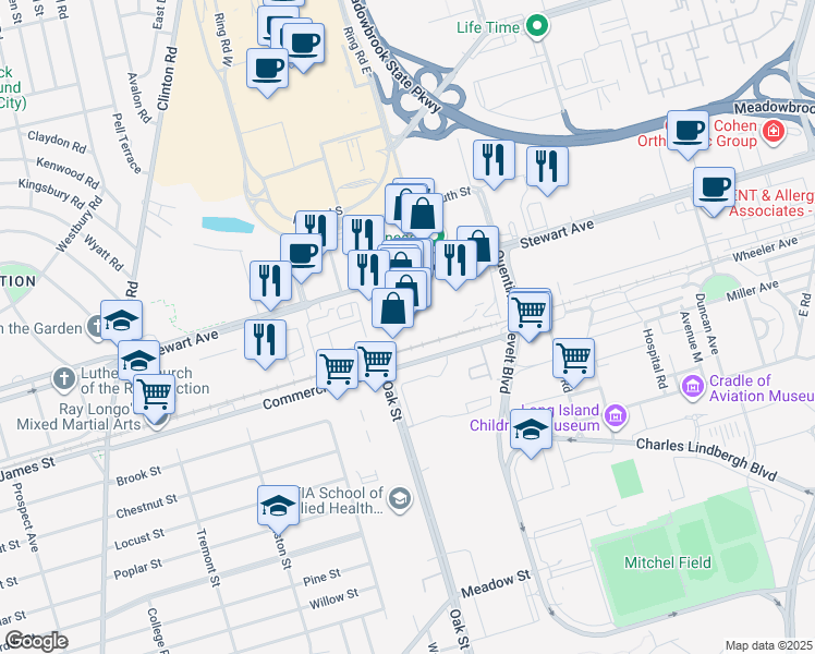 map of restaurants, bars, coffee shops, grocery stores, and more near 660 Stewart Avenue in Garden City