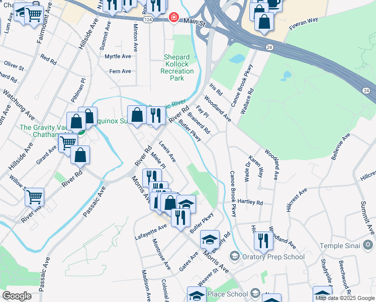 map of restaurants, bars, coffee shops, grocery stores, and more near 30 Greenfield Avenue in Summit