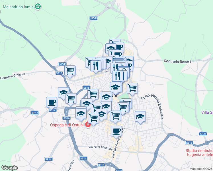 map of restaurants, bars, coffee shops, grocery stores, and more near 13 Via A. Tamborrino in Ostuni
