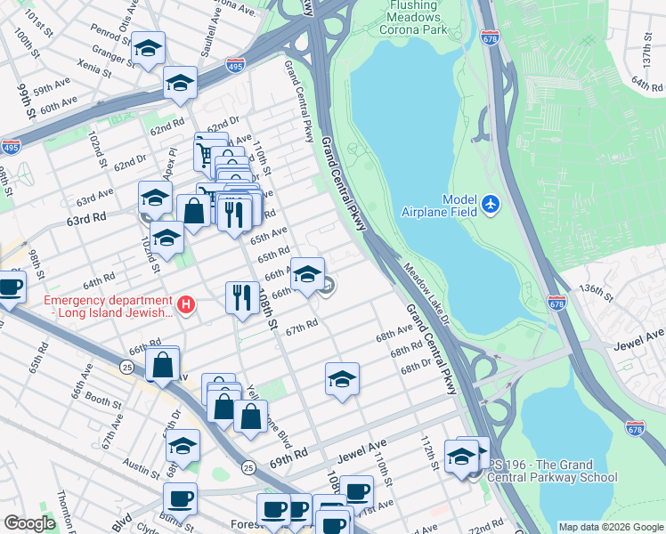 map of restaurants, bars, coffee shops, grocery stores, and more near 66 111th Street in Queens