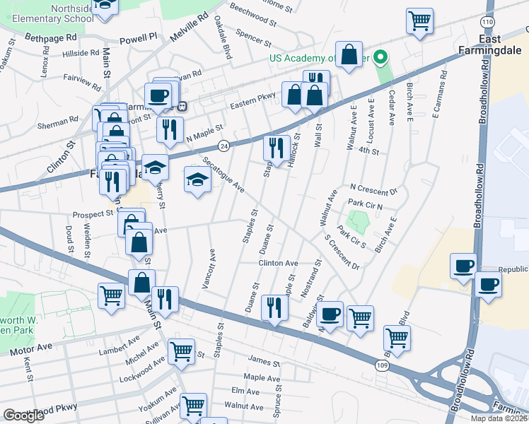 map of restaurants, bars, coffee shops, grocery stores, and more near 416 Secatogue Avenue in Farmingdale