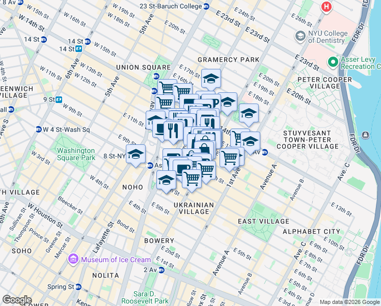 map of restaurants, bars, coffee shops, grocery stores, and more near 225 East 11th Street in New York