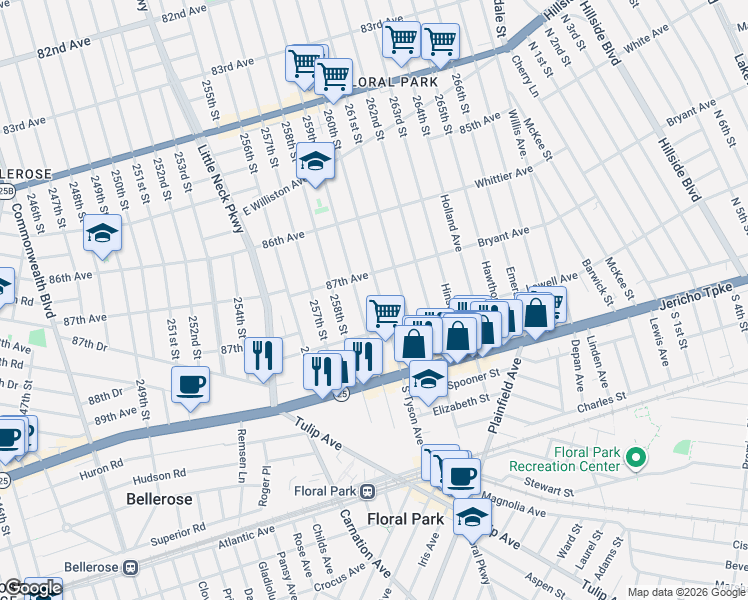 map of restaurants, bars, coffee shops, grocery stores, and more near 57 North Tyson Avenue in Floral Park