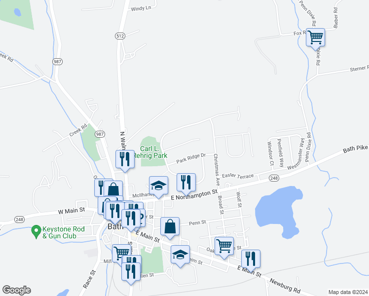 map of restaurants, bars, coffee shops, grocery stores, and more near 104 Turnberry Court in Bath