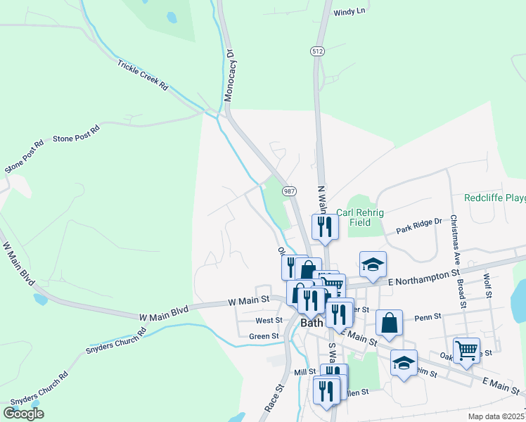 map of restaurants, bars, coffee shops, grocery stores, and more near 425 Old Forge Drive in Bath