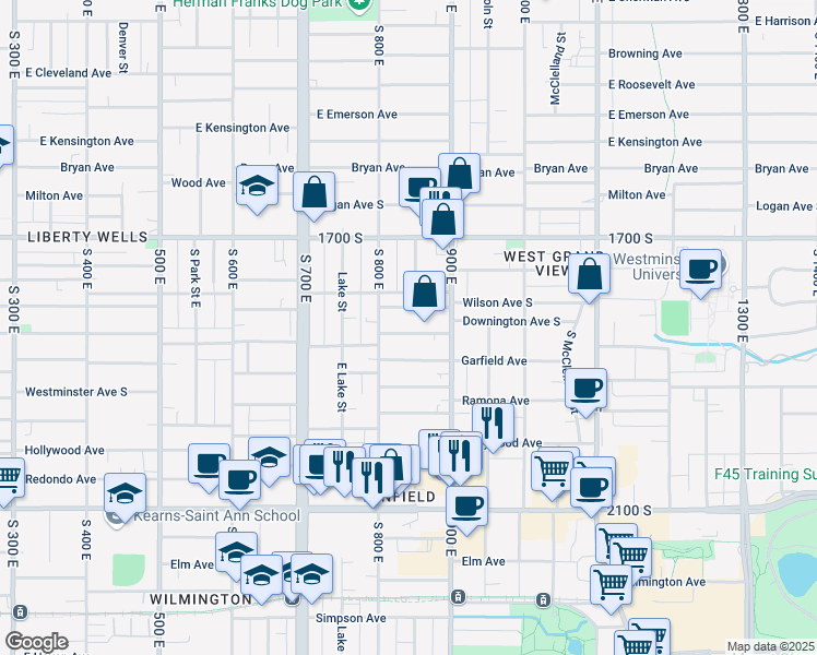 map of restaurants, bars, coffee shops, grocery stores, and more near 841 Downington Avenue South in Salt Lake City