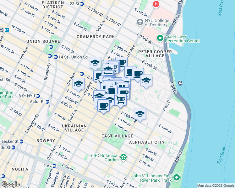 map of restaurants, bars, coffee shops, grocery stores, and more near 419 East 14th Street in New York
