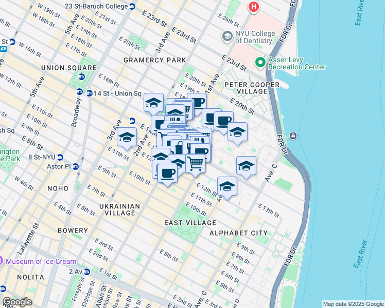 map of restaurants, bars, coffee shops, grocery stores, and more near 451 East 14th Street in New York