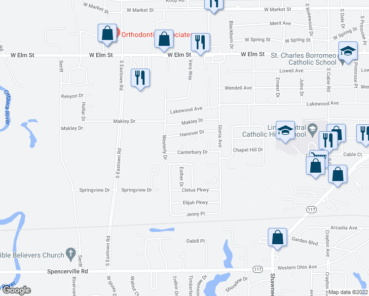 map of restaurants, bars, coffee shops, grocery stores, and more near 100 Shelly Place in Lima