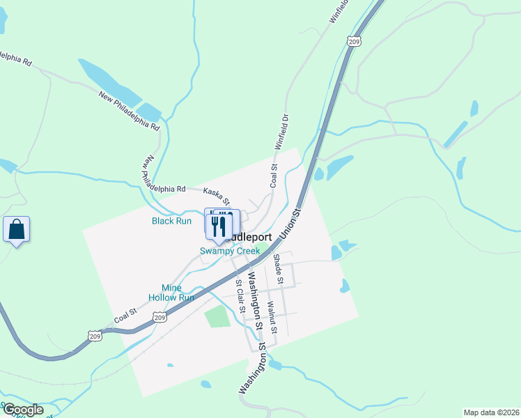 map of restaurants, bars, coffee shops, grocery stores, and more near 67 Coal Street in Pottsville
