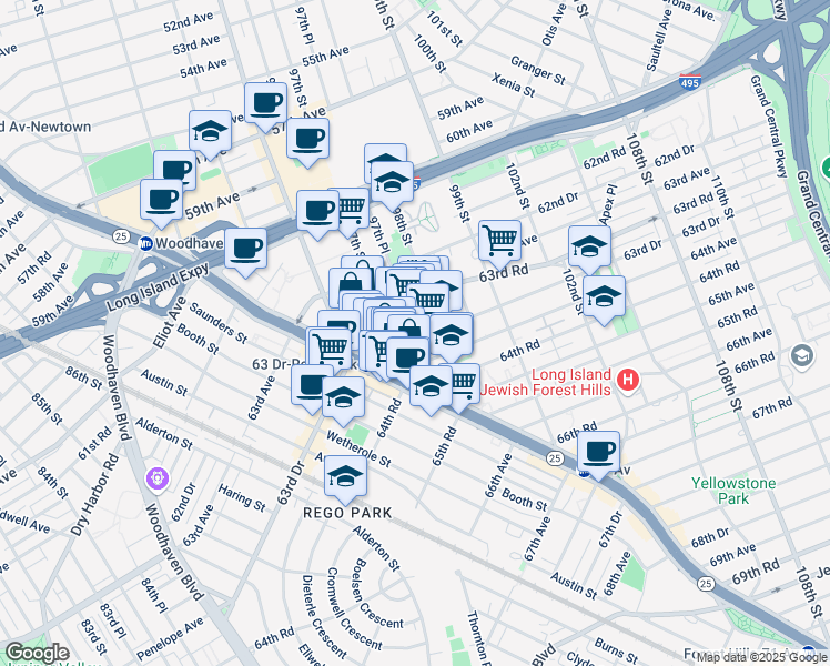 map of restaurants, bars, coffee shops, grocery stores, and more near 97-25 63rd Drive in Queens
