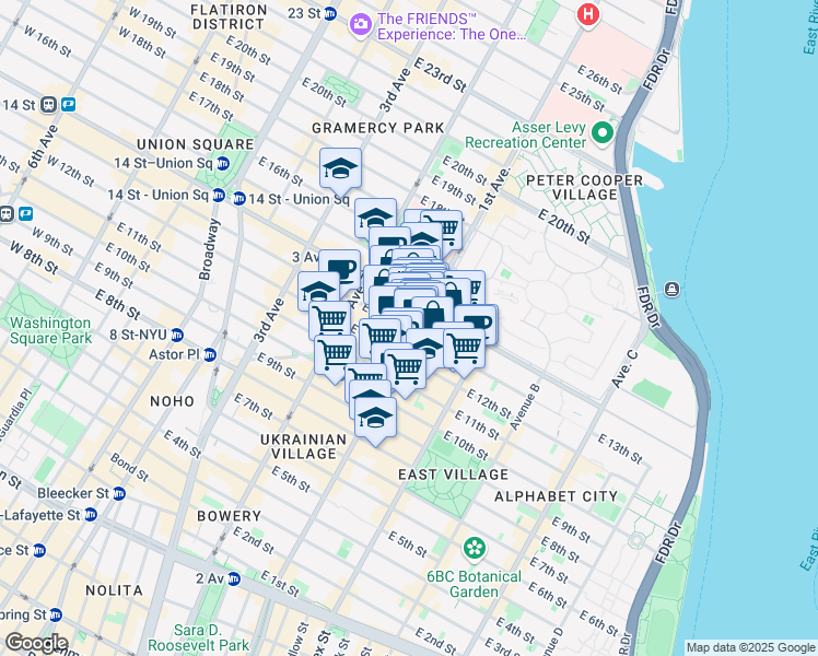 map of restaurants, bars, coffee shops, grocery stores, and more near 219 1st Avenue in New York