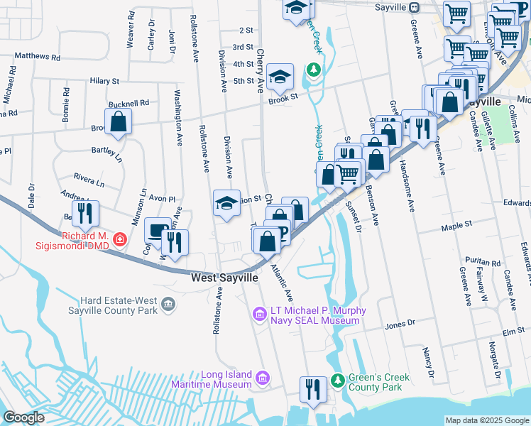 map of restaurants, bars, coffee shops, grocery stores, and more near 36 Cherry Avenue in West Sayville