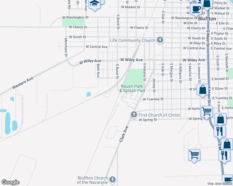 map of restaurants, bars, coffee shops, grocery stores, and more near 1102 West Silver Street in Bluffton