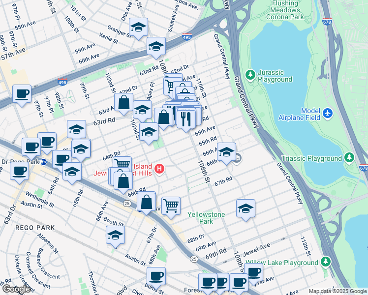 map of restaurants, bars, coffee shops, grocery stores, and more near 105-39 65th Road in Queens