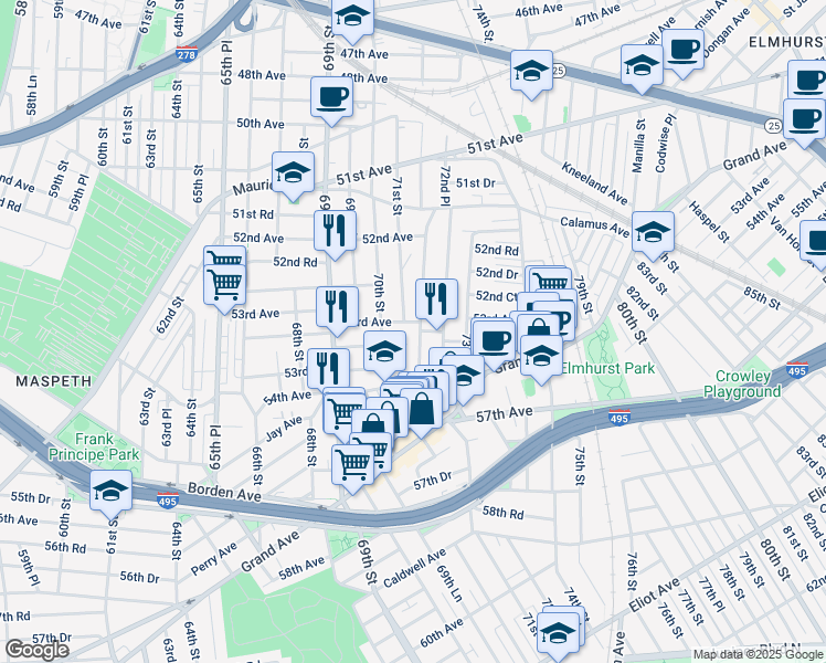 map of restaurants, bars, coffee shops, grocery stores, and more near 70-20 53rd Avenue in Queens