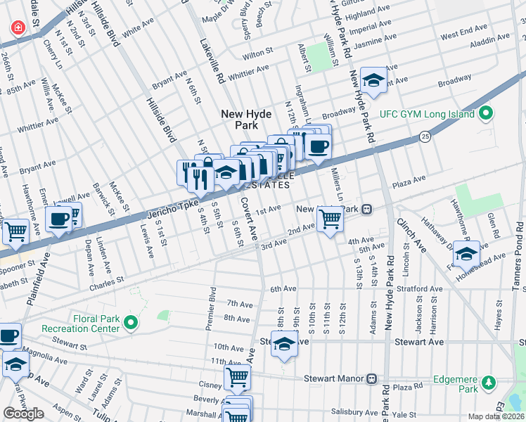 map of restaurants, bars, coffee shops, grocery stores, and more near 1st Avenue & South 8th Street in New Hyde Park