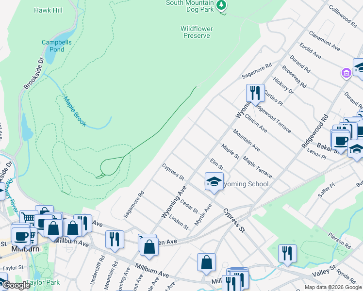 map of restaurants, bars, coffee shops, grocery stores, and more near 132 Sagamore Rd in Millburn