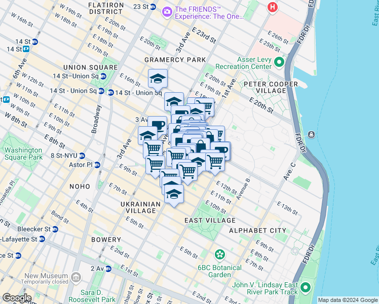 map of restaurants, bars, coffee shops, grocery stores, and more near 219 1st Avenue in New York
