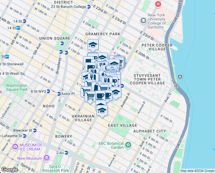 map of restaurants, bars, coffee shops, grocery stores, and more near 346 East 13th Street in New York