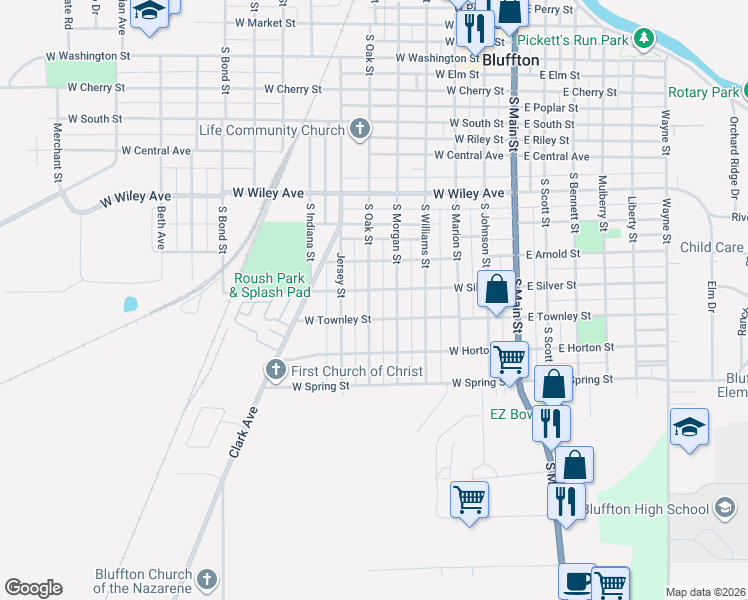 map of restaurants, bars, coffee shops, grocery stores, and more near 911 South Oak Street in Bluffton