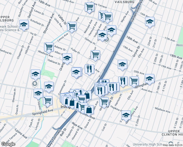 map of restaurants, bars, coffee shops, grocery stores, and more near 150 Myrtle Avenue in Irvington