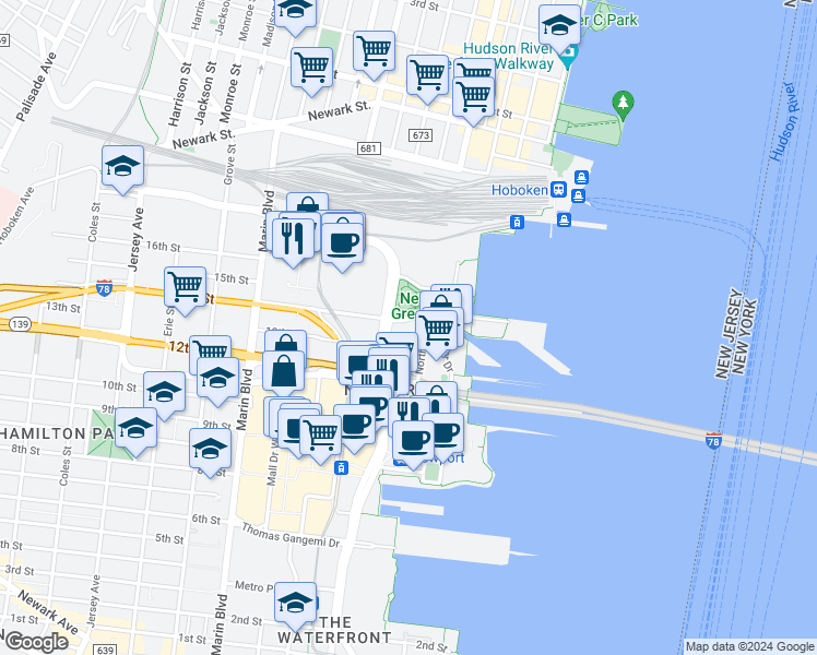 map of restaurants, bars, coffee shops, grocery stores, and more near 610 Washington Boulevard in Jersey City