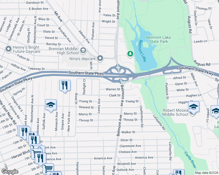 map of restaurants, bars, coffee shops, grocery stores, and more near 317 Warren Street in Babylon