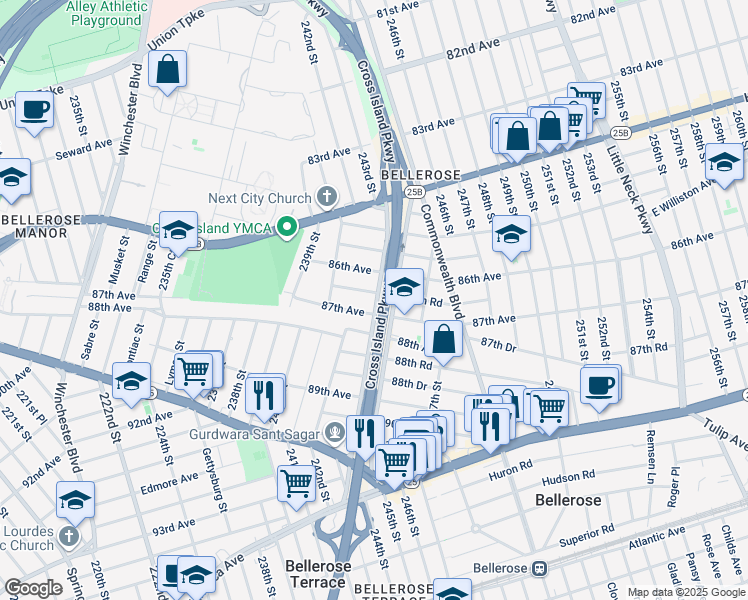 map of restaurants, bars, coffee shops, grocery stores, and more near 241-50 86th Road in Queens
