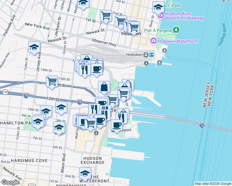 map of restaurants, bars, coffee shops, grocery stores, and more near 610 Washington Boulevard in Jersey City