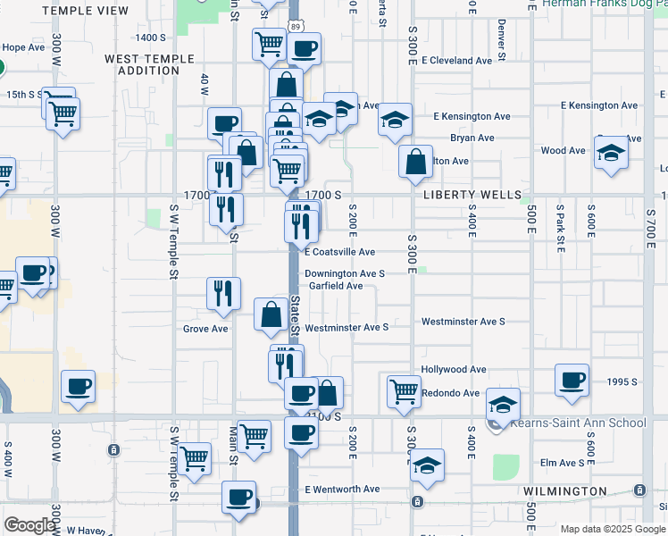 map of restaurants, bars, coffee shops, grocery stores, and more near 151 Downington Avenue South in Salt Lake City